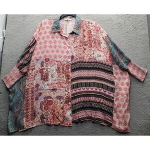 Oli & Hali Boho Shirt Top Women M Multi Geometric Long Sleeve Collared Button-Up